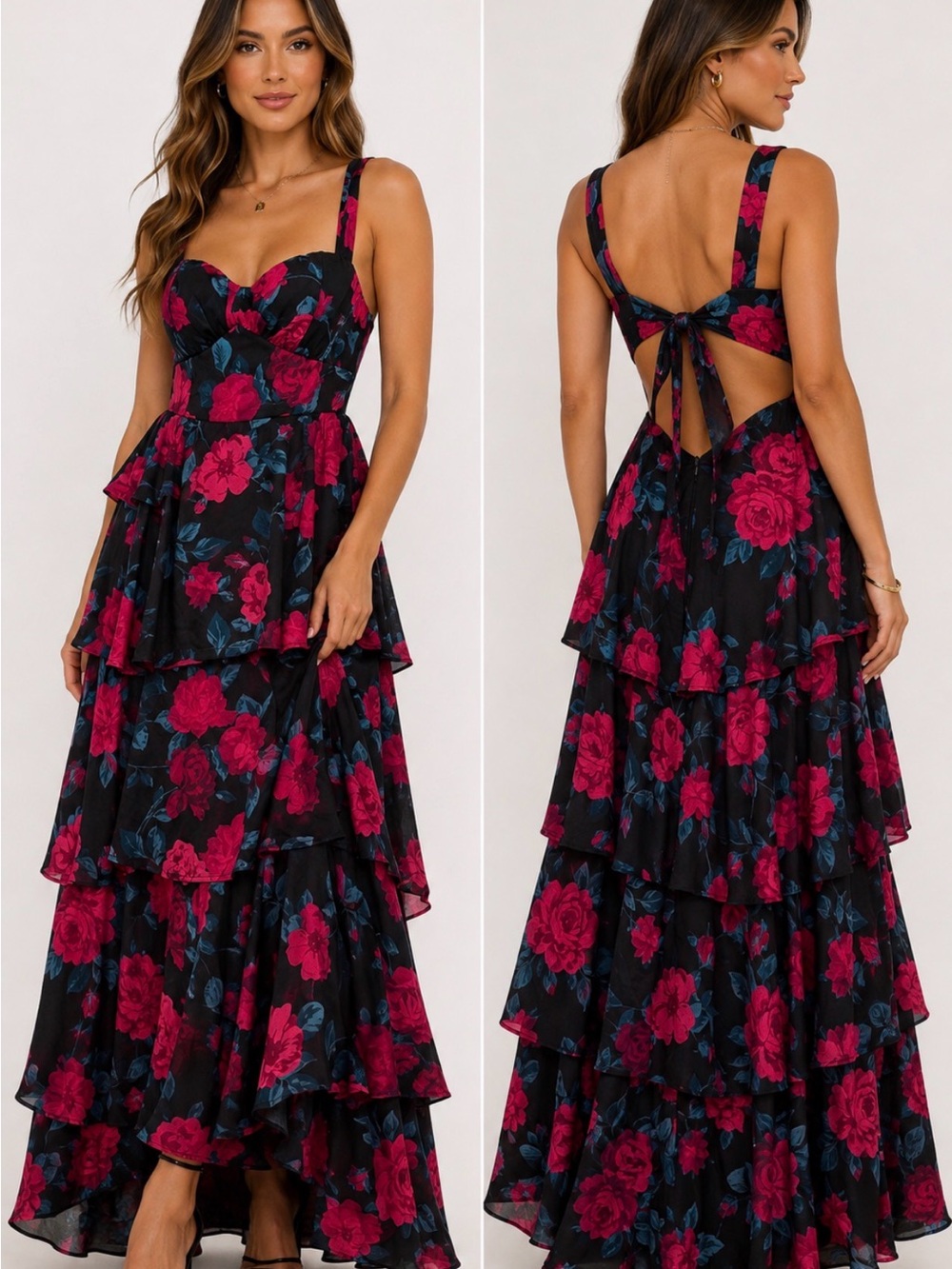 Midnight Doll Floral Tiered Maxi Dress XS Rose Print Cutout Party